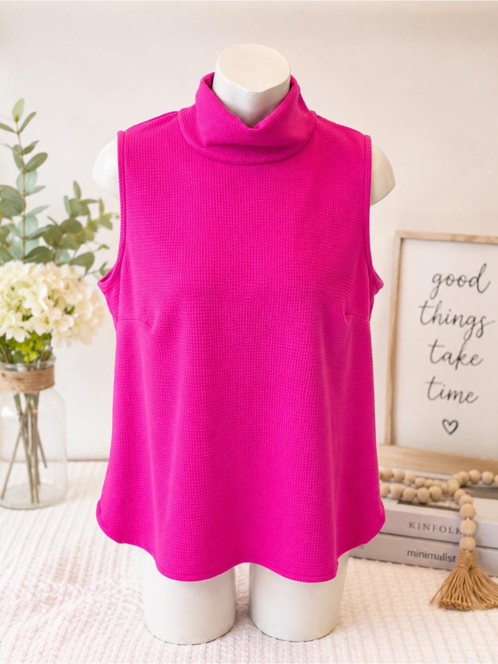 NWOT Bobeau Textured Mock Neck Sleeveless Top Pink XL Made in USA